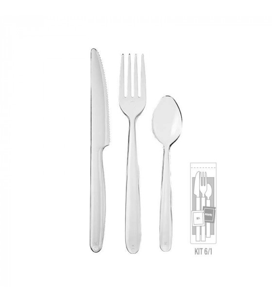 Kit couvert plastique PS transparent 6 en 1: couteau fourchette